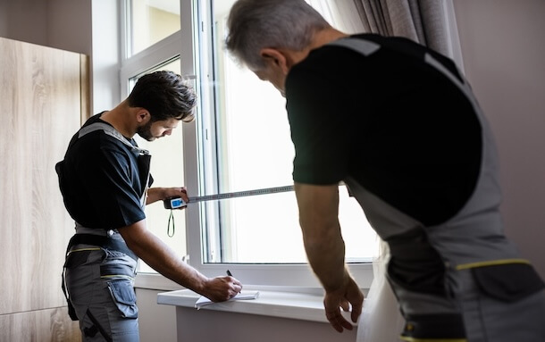 Two professional workers in uniform using tape measure while measuring window and making notes for installing blinds indoors.